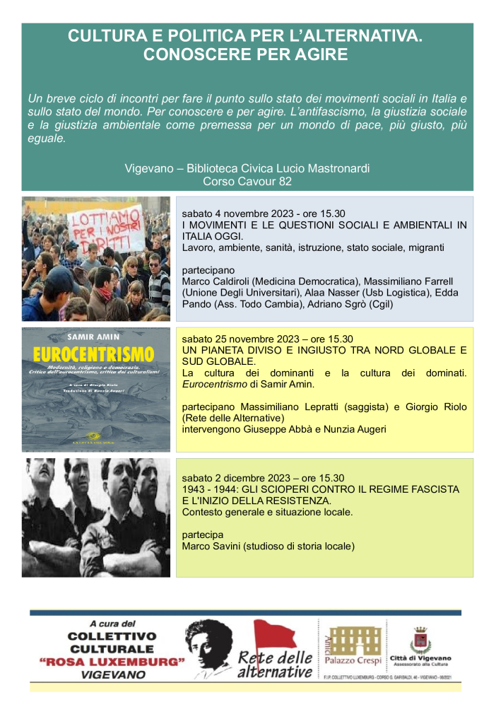 Vigevano: &quot;Cultura e politica per l’alternativa. Conoscere per agire&quot;, ciclo di incontri al collettivo culturale Luxemburg