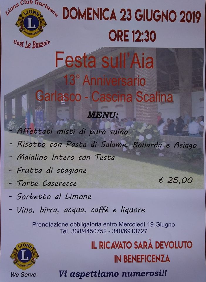 Garlasco, il Lions Club Host le Bozzole organizza la tredicesima Festa sull’Aia