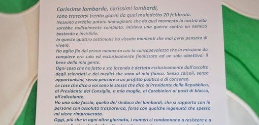 Fontana scrive a tutti i lombardi: «ll 20 febbraio la nostra vita è cambiata, siamo in guerra contro un nemico bastardo e invisibile»