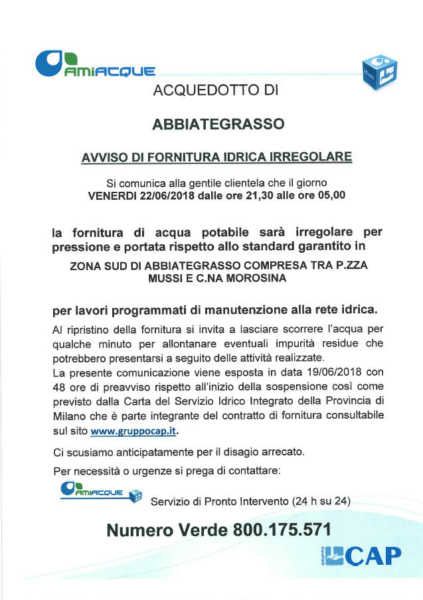 Abbiategrasso, fornitura d’acqua irregolare da venerdì sera a sabato mattina