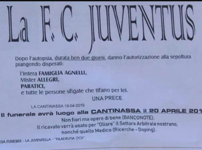 Juve, manifesti funebri per l'eliminazione dalla Champions