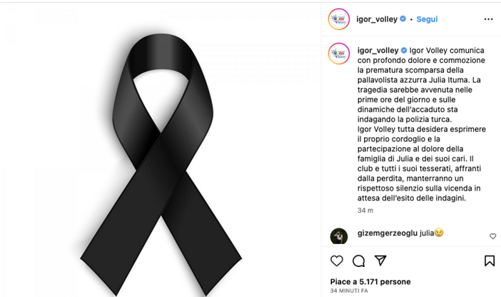 Morte Ituma: Igor Volley, profondo dolore per la tragica scomparsa di Julia