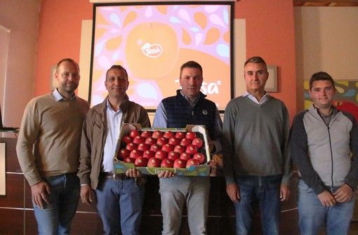 Albert von Sontagh, Mauro Vanzetti, Giancarlo Bodrero, Lorenzo Berra e Davide Nari con una cassetta di Mele Tessa®