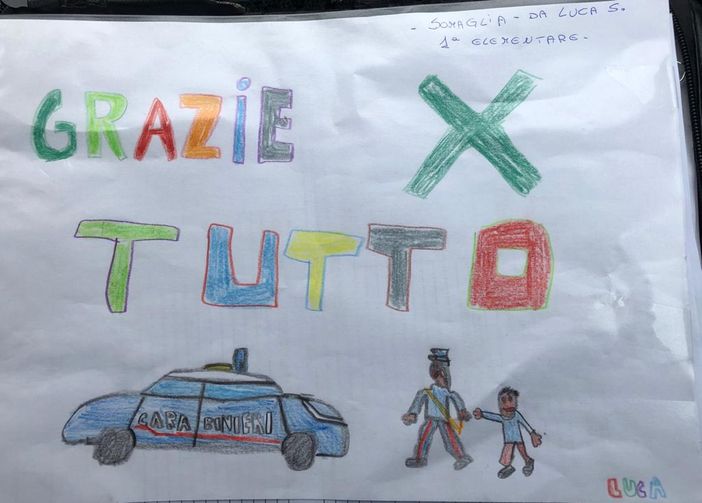 Coronavirus, un bambino residente nella &quot;zona rossa&quot; omaggia i Carabinieri con un disegno