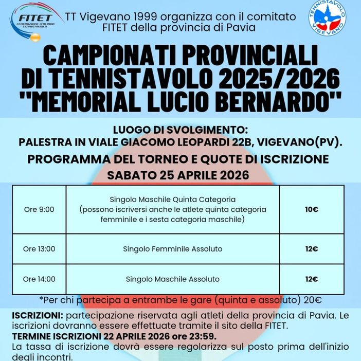 Tennistavolo, il TT Vigevano organizza i campionati provinciali nel ricordo di Lucio Bernardo Tennistavolo, il TT Vigevano organizza i campionati provinciali nel ricordo di Lucio Bernardo