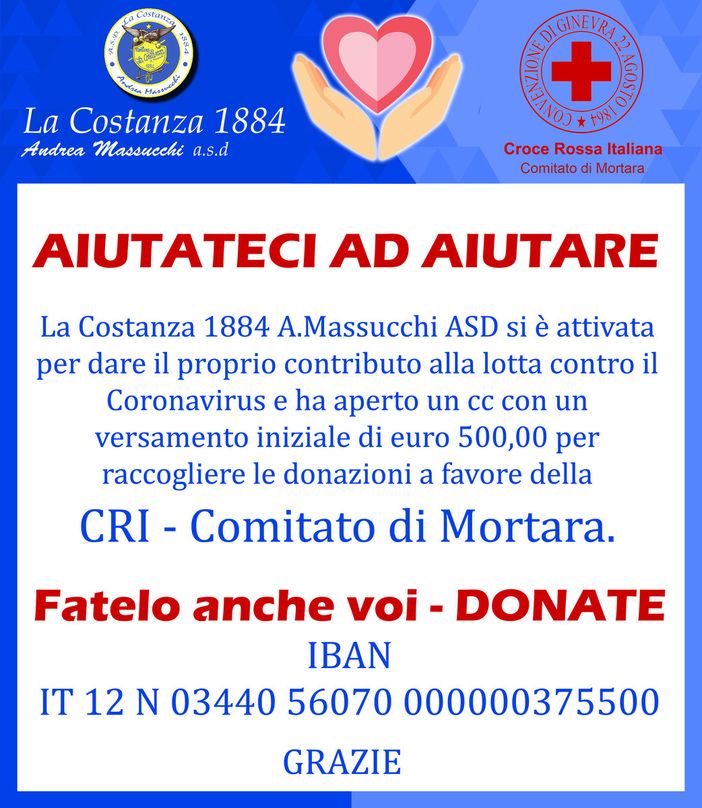 Mortara, anche la Costanza 1884 dà il proprio contributo per l'emergenza Mortara, anche la Costanza 1884 dà il proprio contributo per l'emergenza
