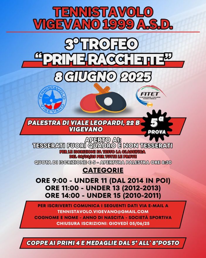 Tennistavolo, torneo “prime racchette”, l’ultima prova la organizzerà il TT Vigevano 1999 Tennistavolo, torneo “prime racchette”, l’ultima prova la organizzerà il TT Vigevano 1999