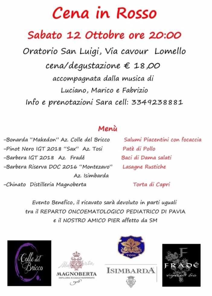 Lomello, cena benefica. Il ricavato andrà a Pier ed al reparto oncoematologico pediatrico del policlinico di Pavia Lomello, cena benefica. Il ricavato andrà a Pier ed al reparto oncoematologico pediatrico del policlinico di Pavia
