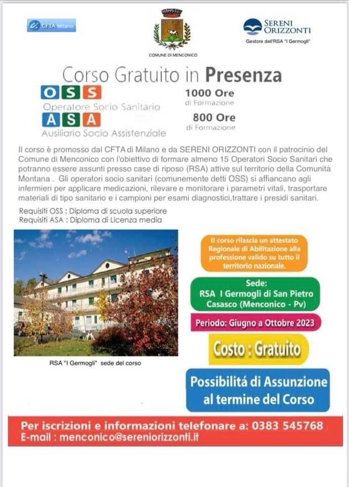 A Menconico un corso completamente gratuito per operatori socio-sanitari