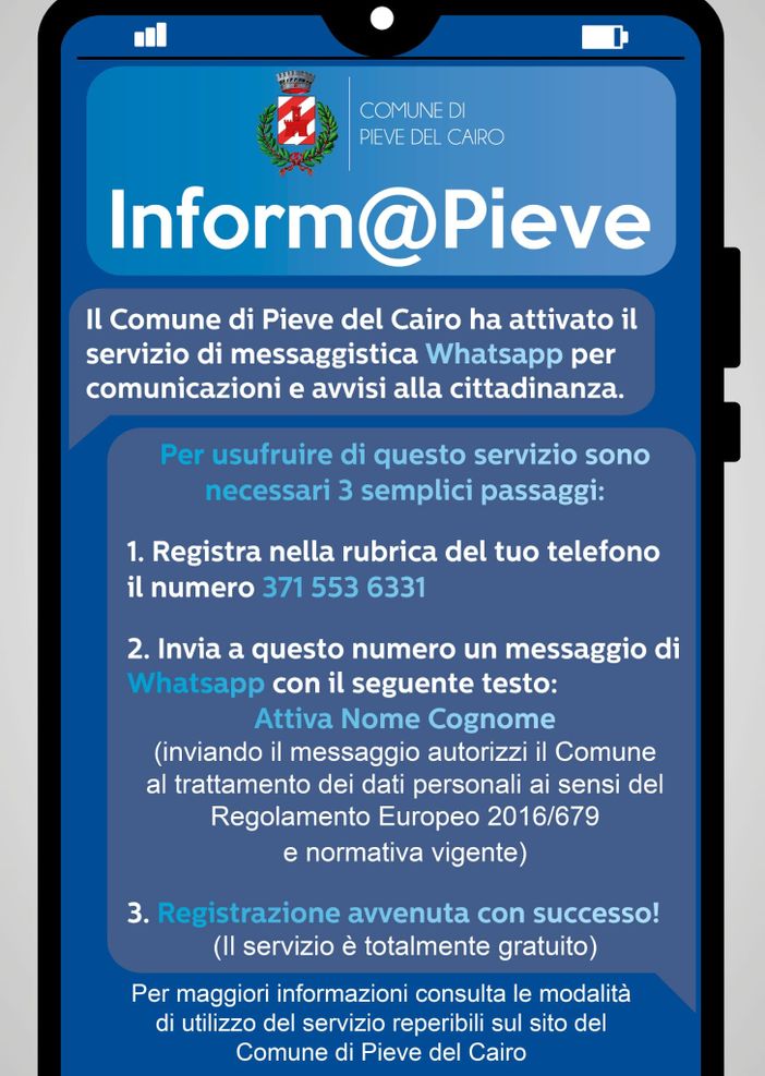 Pieve del Cairo: il comune attiva un servizio di messaggistica istantanea Whatsapp Pieve del Cairo: il comune attiva un servizio di messaggistica istantanea Whatsapp