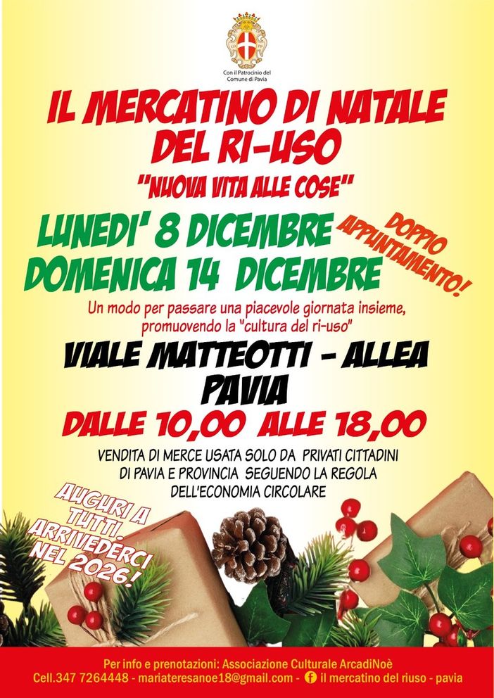 Pavia, Lunedì 8 e domenica 14: a dicembre doppietta del Mercatino del Ri-Uso Nuova Vita Alle Cose Pavia, Lunedì 8 e domenica 14: a dicembre doppietta del Mercatino del Ri-Uso Nuova Vita Alle Cose