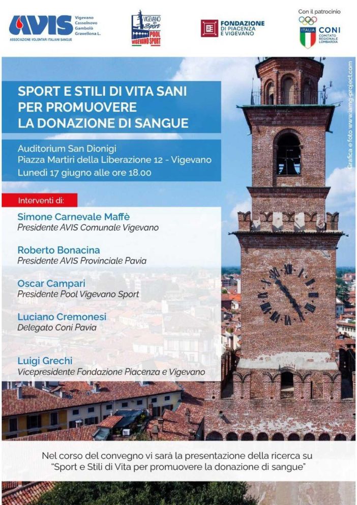Lunedì 17 giugno alle ore 18 il convegno &quot;Sport e stili di vita sani per promuovere la donazione di sangue&quot;