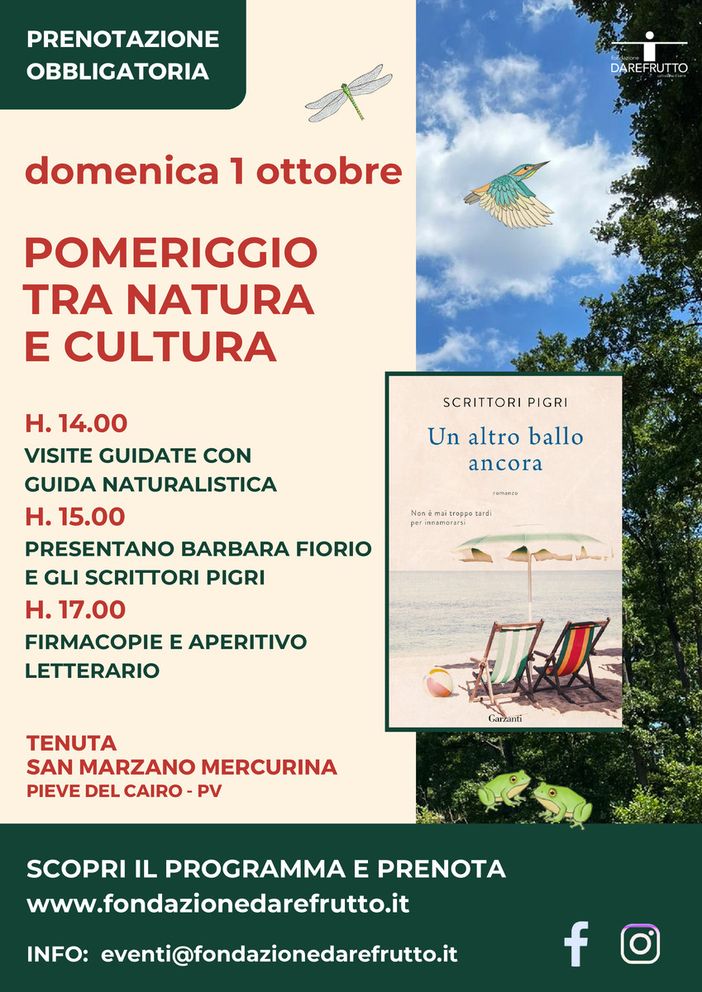 Pieve del Cairo: domenica 1 ottobre, aperitivo letterario nella tenuta San Marzano Mercurina Pieve del Cairo: domenica 1 ottobre, aperitivo letterario nella tenuta San Marzano Mercurina