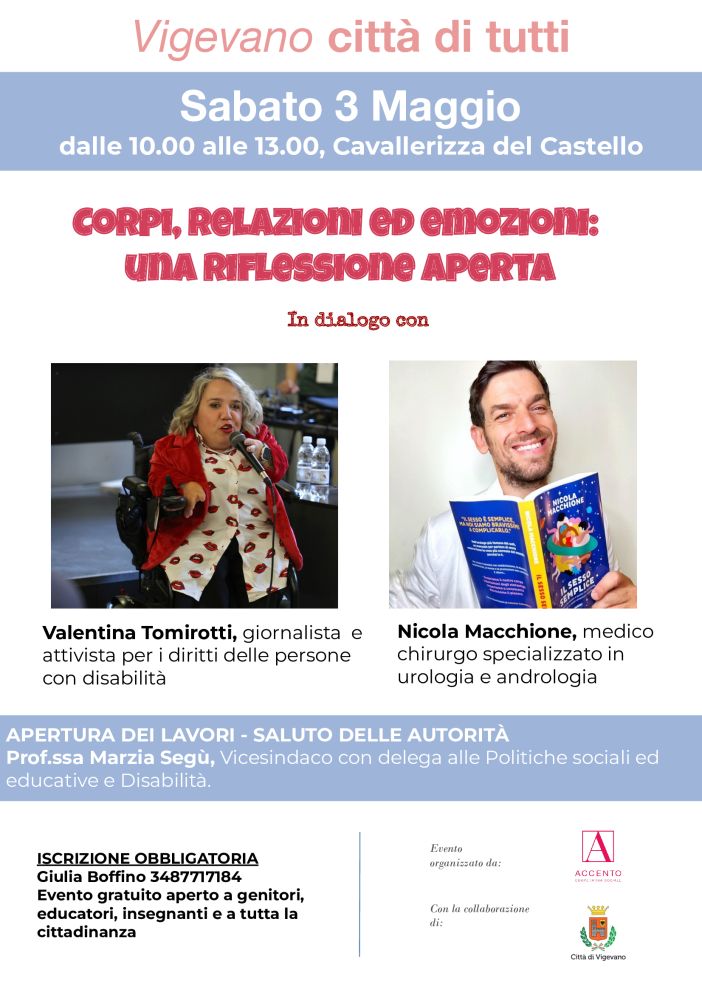 Vigevano: &quot;Corpi, relazioni ed emozioni: una riflessione aperta&quot;. Incontro con Valentina Tomirotti e Nicola Macchione