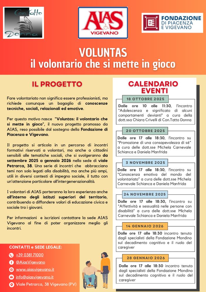 AIAS Vigevano presenta “Voluntas: il volontario che si mette in gioco”  grazie al contributo della Fondazione di Piacenza e Vigevano