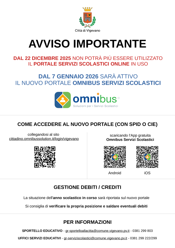 Online dal 7 gennaio il nuovo portale Omnibus servizi scolastici Vigevano