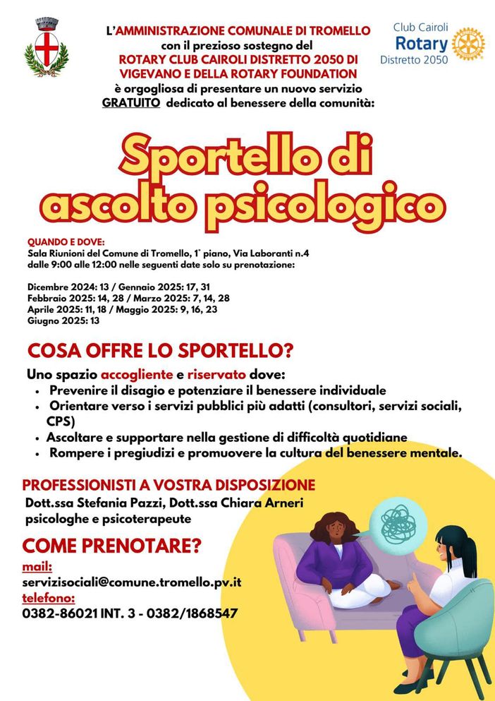Tromello, aperto lo sportello di ascolto psicologico Tromello, aperto lo sportello di ascolto psicologico