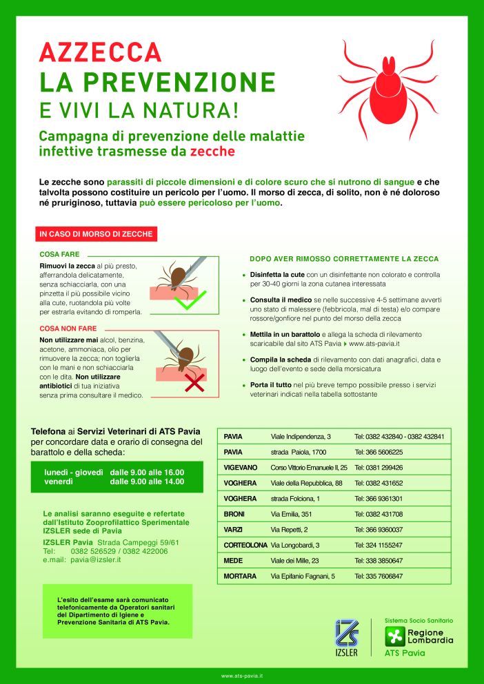 Allerta zecche estate 2023: Ats Pavia amplia l’offerta di centri di conferimento sul territorio Allerta zecche estate 2023: Ats Pavia amplia l’offerta di centri di conferimento sul territorio