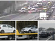 L'incidente visto da una webcam di Autostrade per l'Italia. Sotto: due delle auto coinvolte e le lunghe code in A8