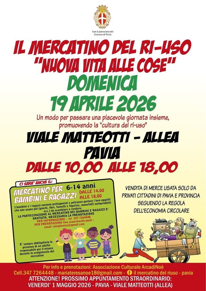 Pavia, domenica 19 aprile torna in Allea viale Matteotti, il mercatino del ri-uso "nuova vita alle cose" Pavia, domenica 19 aprile torna in Allea viale Matteotti, il mercatino del ri-uso "nuova vita alle cose"