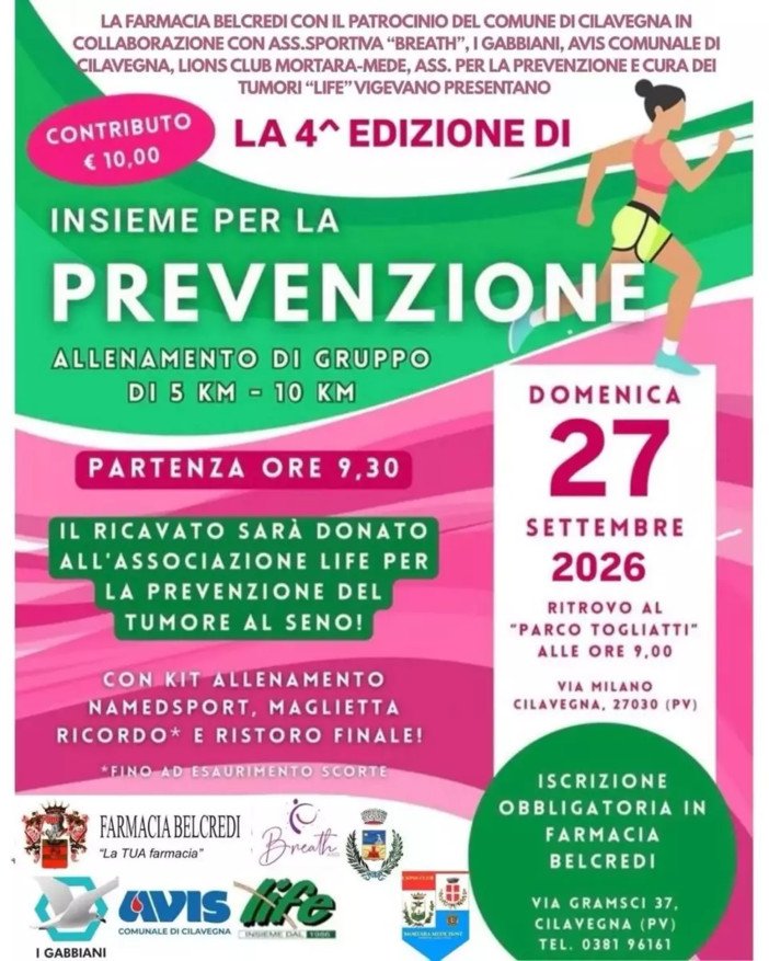 In pista domenica 27 settembre per la 4a edizione di "Insieme per la prevenzione " In pista domenica 27 settembre per la 4a edizione di "Insieme per la prevenzione "