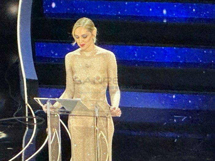 Chiara Ferragni durante il suo monologo durante la prima serata del 73° Festival di Sanremo