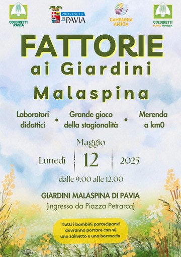Scuola, Coldiretti trasforma i Giardini Malaspina in una maxi-fattoria didattica per gli studenti pavesi