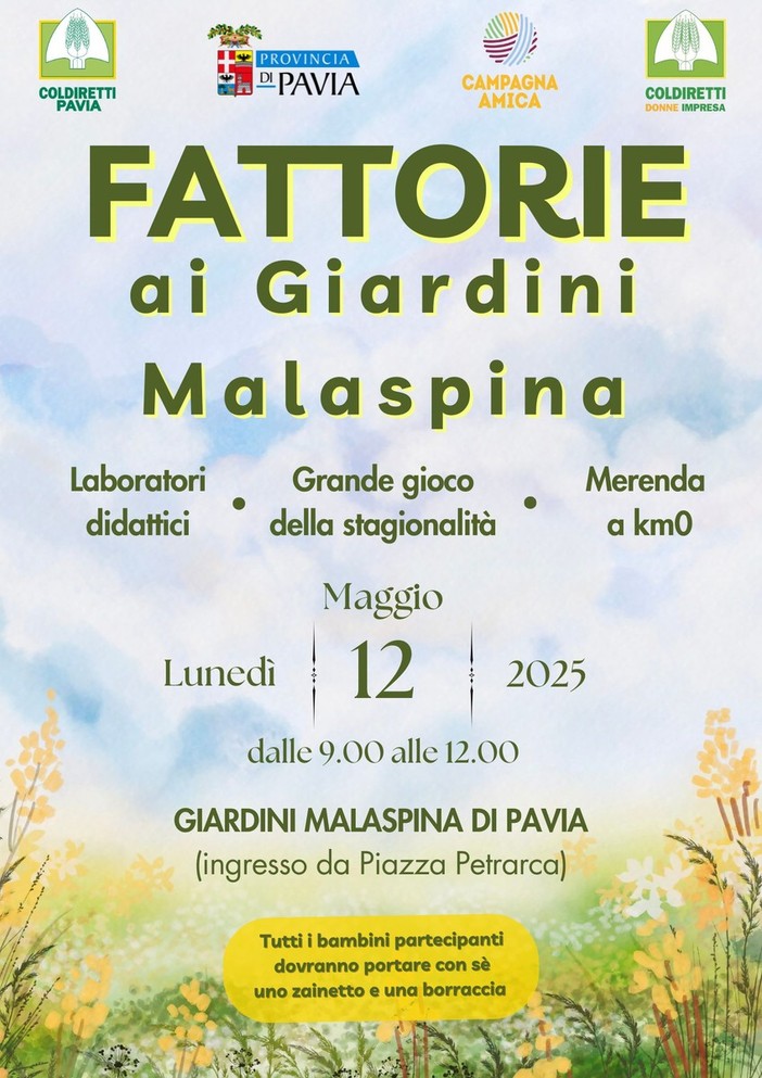 Scuola, Coldiretti trasforma i Giardini Malaspina in una maxi-fattoria didattica per gli studenti pavesi