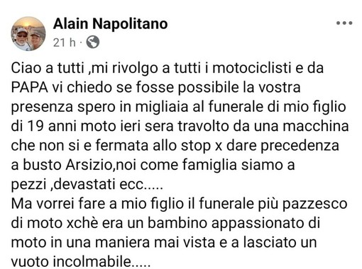 Il post di Alain Napolitano su Facebook Il post di Alain Napolitano su Facebook