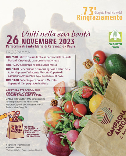La 73° Giornata del Ringraziamento Coldiretti domenica 26 novembre a Pavia