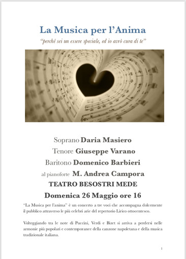 "La musica per l’anima": concerto benefico in favore dell’U.O.C. cure palliative dell’ospedale San Martino di Mede "La musica per l’anima": concerto benefico in favore dell’U.O.C. cure palliative dell’ospedale San Martino di Mede