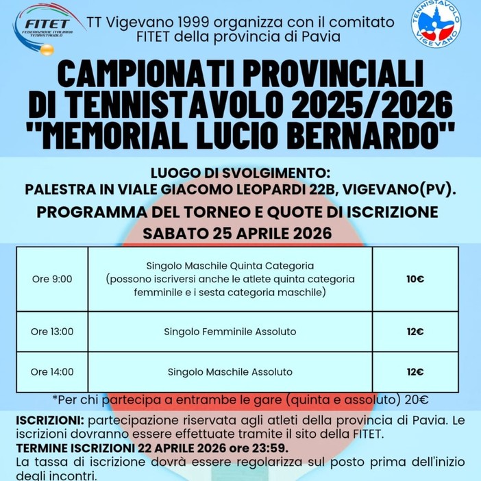 Tennistavolo, il TT Vigevano organizza i campionati provinciali nel ricordo di Lucio Bernardo