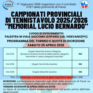 Tennistavolo, il TT Vigevano organizza i campionati provinciali nel ricordo di Lucio Bernardo