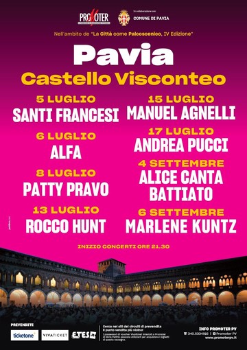 Pavia: al Castello Visconteo un'estate di grande musica con Alice, Patty Pravo, Manuel Agnelli, Marlene Kuntz e Rocco Hunt