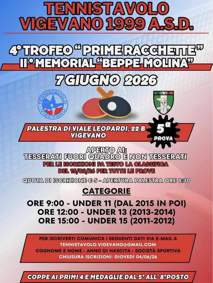 Tennistavolo: torneo "prime racchette", il TT Vigevano 1999 organizza la quinta prova del circuito Tennistavolo: torneo "prime racchette", il TT Vigevano 1999 organizza la quinta prova del circuito