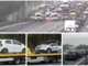 L'incidente visto da una webcam di Autostrade per l'Italia. Sotto: due delle auto coinvolte e le lunghe code in A8