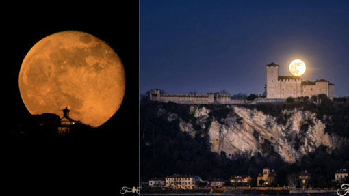 Un collage di due meraviglie: a sinistra la Superluna dietro al santuario di Santa Maria del Monte a Varese, a destra dietro la Rocca di Angera Un collage di due meraviglie: a sinistra la Superluna dietro al santuario di Santa Maria del Monte a Varese, a destra dietro la Rocca di Angera