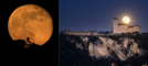 Un collage di due meraviglie: a sinistra la Superluna dietro al santuario di Santa Maria del Monte a Varese, a destra dietro la Rocca di Angera