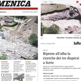 Quotidiani cartacei e online ticinesi con titoli e immagini drammatiche sul disastro in Mesolcina