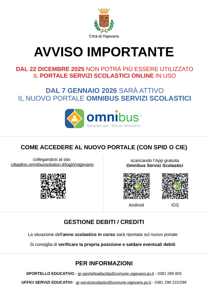 Online dal 7 gennaio il nuovo portale Omnibus servizi scolastici Vigevano