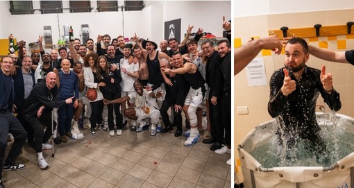 Adriano Vertemati festeggia la promozione con la sua squadra (foto Apu Udine)