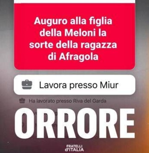 FdI denuncia: &quot;Augurano a figlia Meloni sorte ragazza Afragola, orrore&quot;