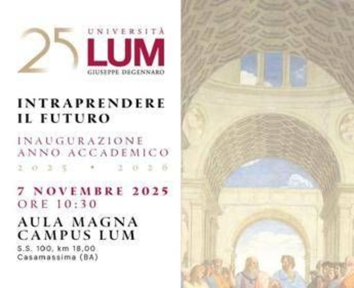 Università Lum, venerdì 7 novembre cerimonia di inaugurazione anno accademico
