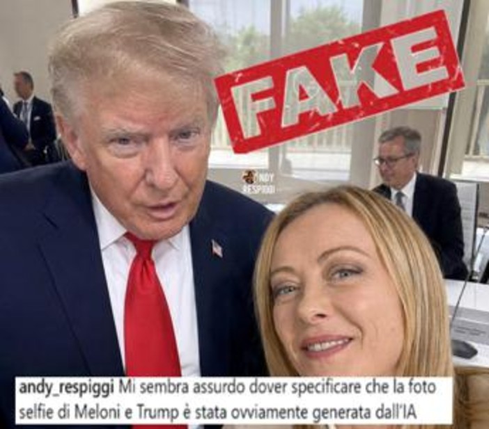 Meloni-Trump, deputato M5S pubblica 'selfie'. Fratelli d'Italia: "Foto creata con AI, magistratura agisca"